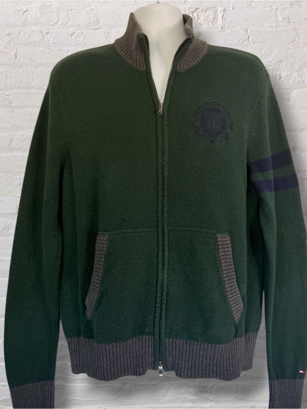 Tommy Hilfiger Men’s L Full Zip Cardigan Sweater Green Crest Varsity Stripe